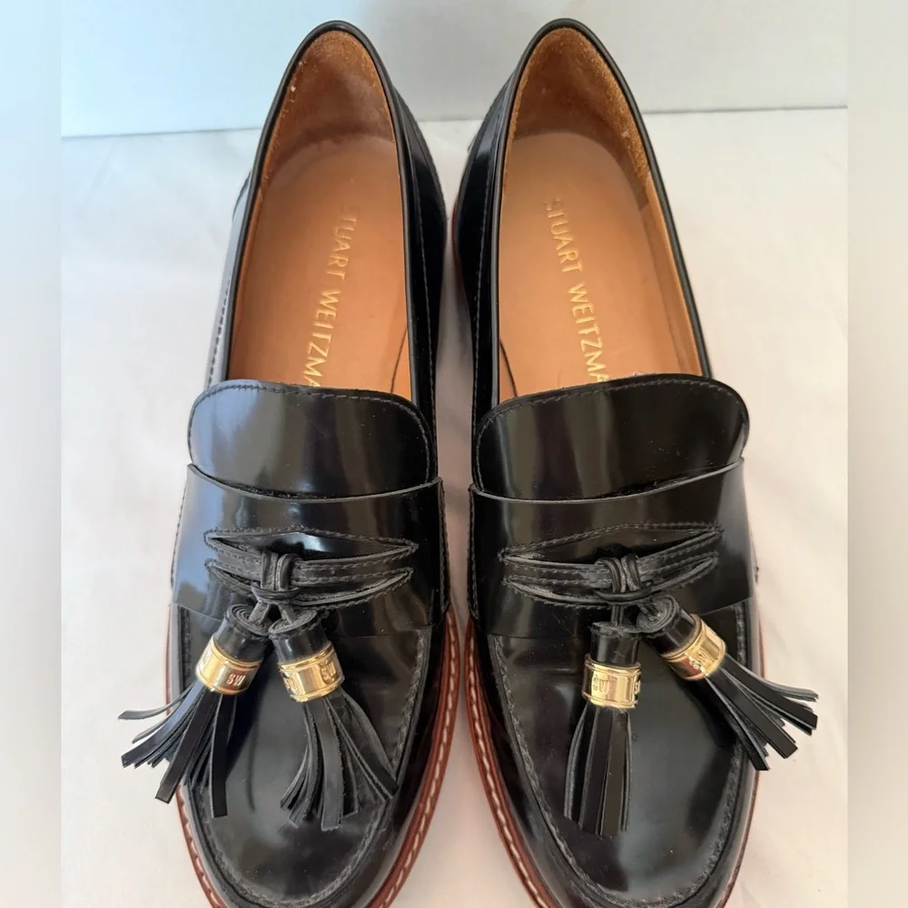Stuart Weitzman Black Patent Tassel Loafers with Gold Accents - Picture 2 of 7
